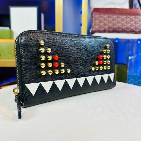 Fendi Black Monster Leather Gold Studded Zip Around Wallet - Picture 2 of 12